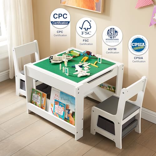 White Grey Kids Table and 2 Chair Set with Storage Drawer W56249