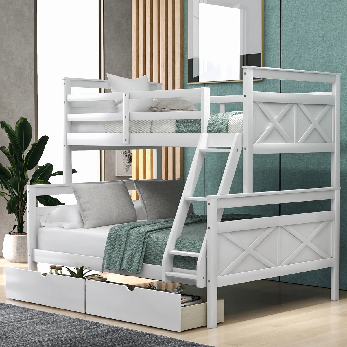 White Wood Twin over Full Bunk Bed with Trundle O546