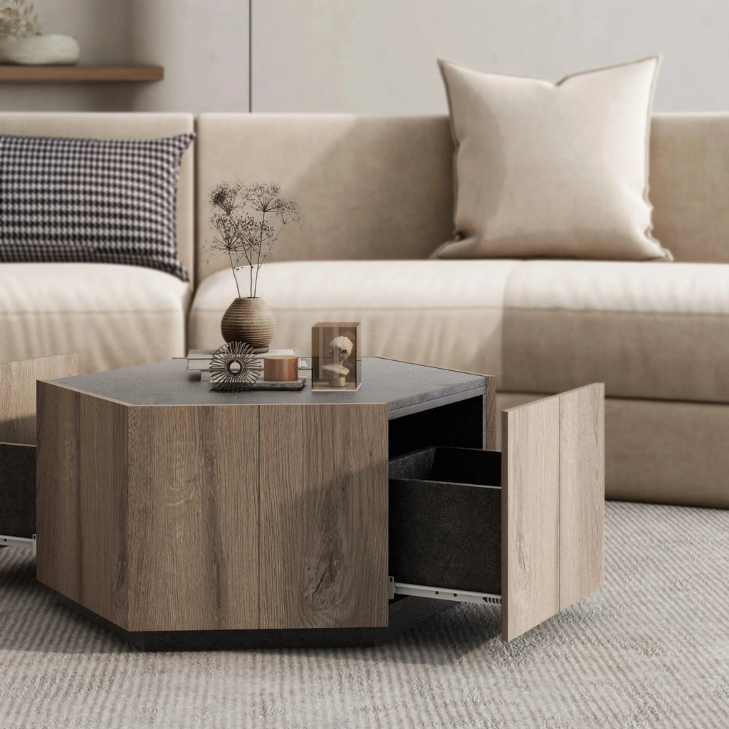 Hexagonal Coffee Table with 2 Drawers, Textured Black Warm Oak R952257