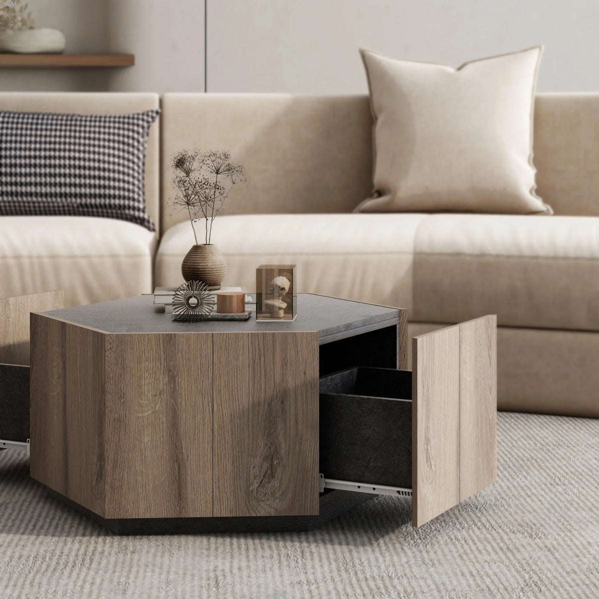 Hexagonal Coffee Table with 2 Drawers, Textured Black Warm Oak R952257