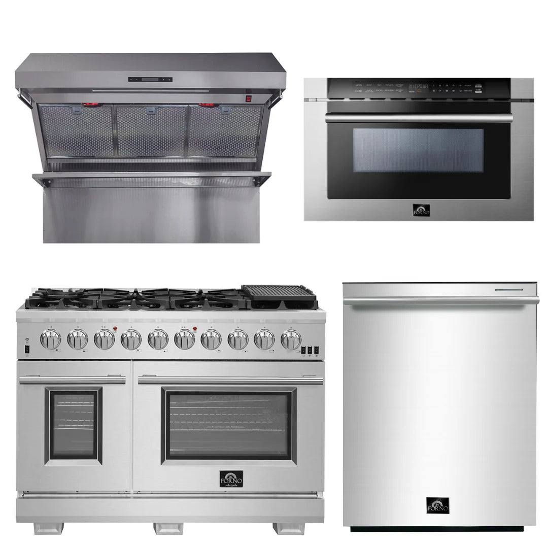 48 Inch Pro Gas Range, Wall Mount Range Hood, Microwave Drawer, Dishwasher H95178