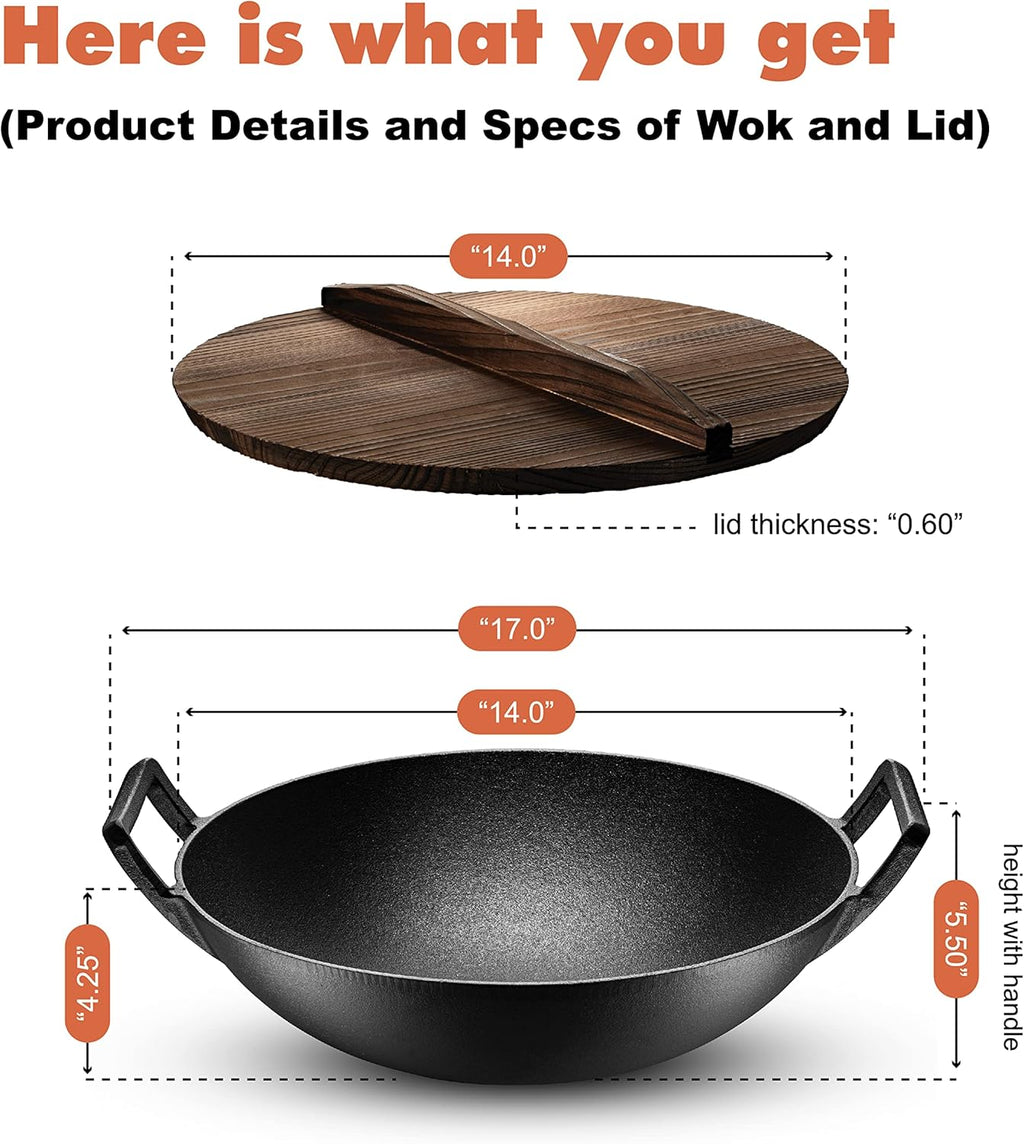 Pre-Seasoned Cast Iron Wok Pan with Lid and Handles, 14 Inch Flat Base Non-Stick, Pack of 2 Z195