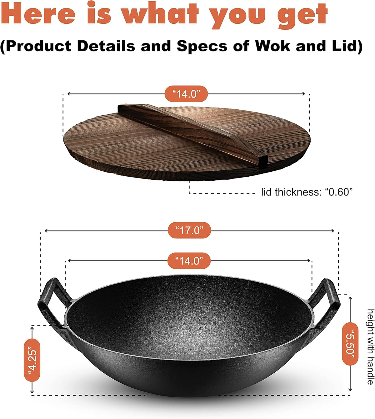 Pre-Seasoned Cast Iron Wok Pan with Lid and Handles, 14 Inch Flat Base Non-Stick, Pack of 2 Z195