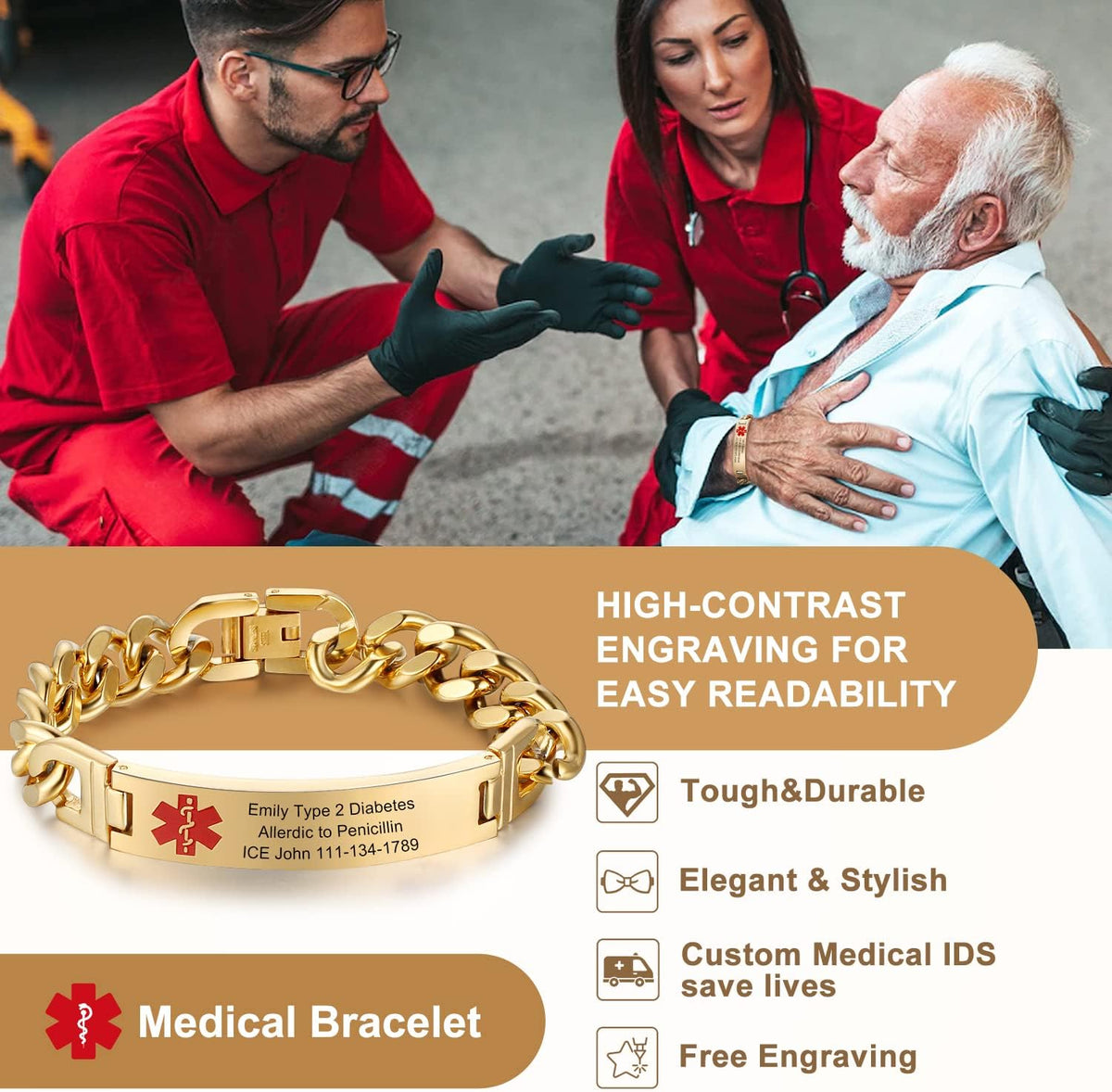 Stainless Steel Medical ID Bracelets for 8.5 Inches U500