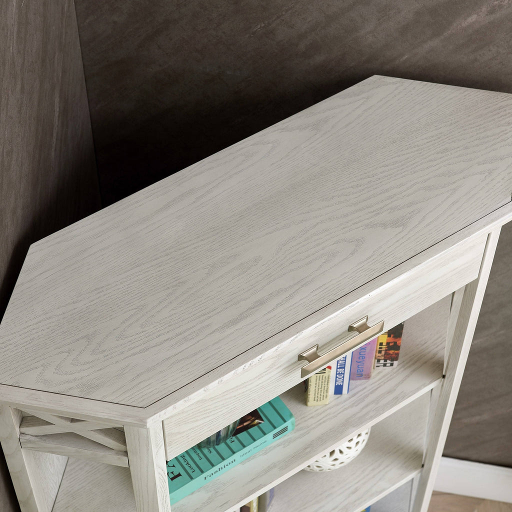 Weathered White 3-Shelf Corner Bookcase with Drawer Storage T239756