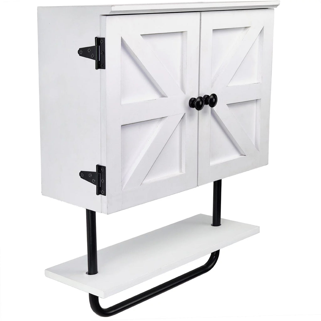 White Bathroom Wall Cabinet with Adjustable Shelf and Towel Bar F76403