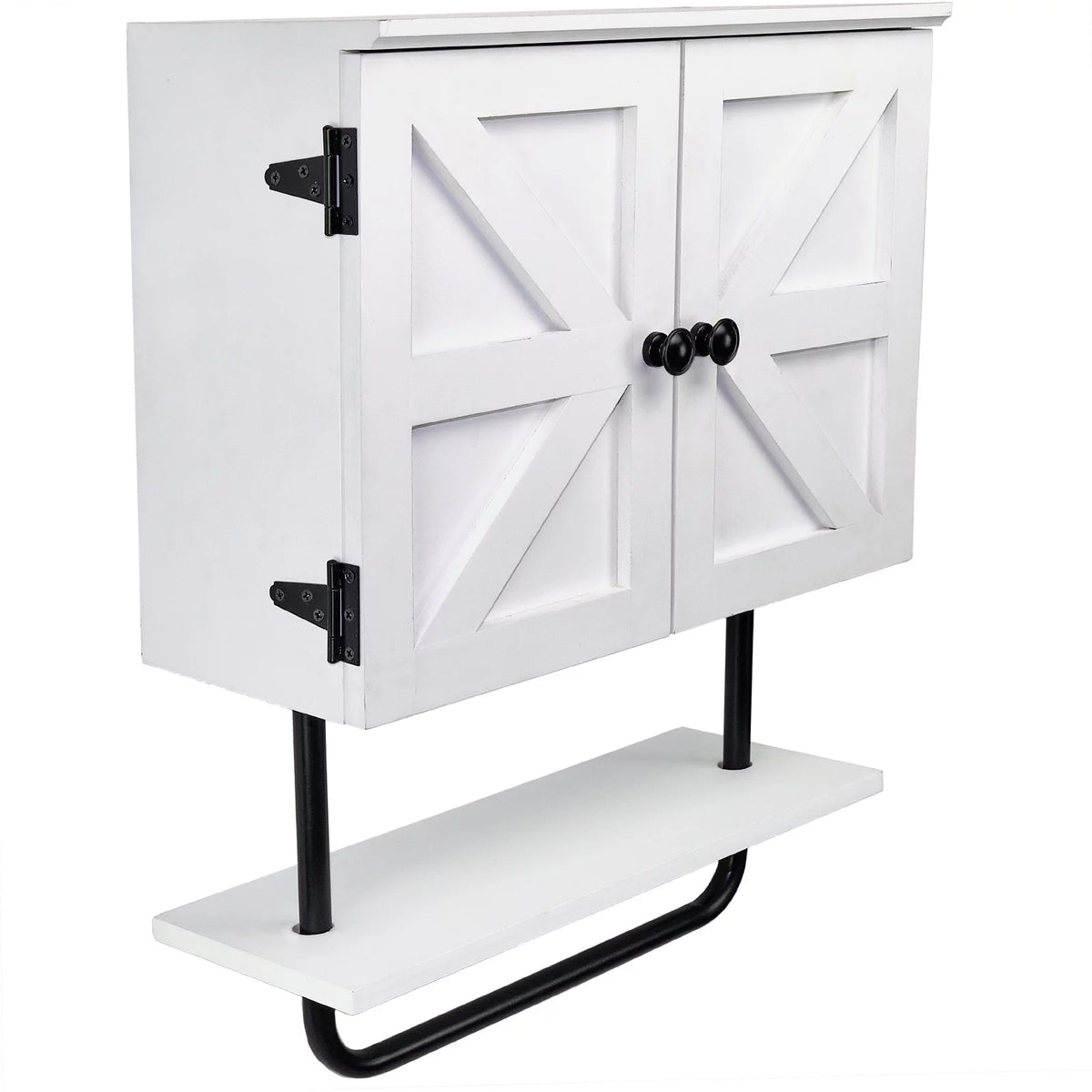 White Bathroom Wall Cabinet with Adjustable Shelf and Towel Bar F76403