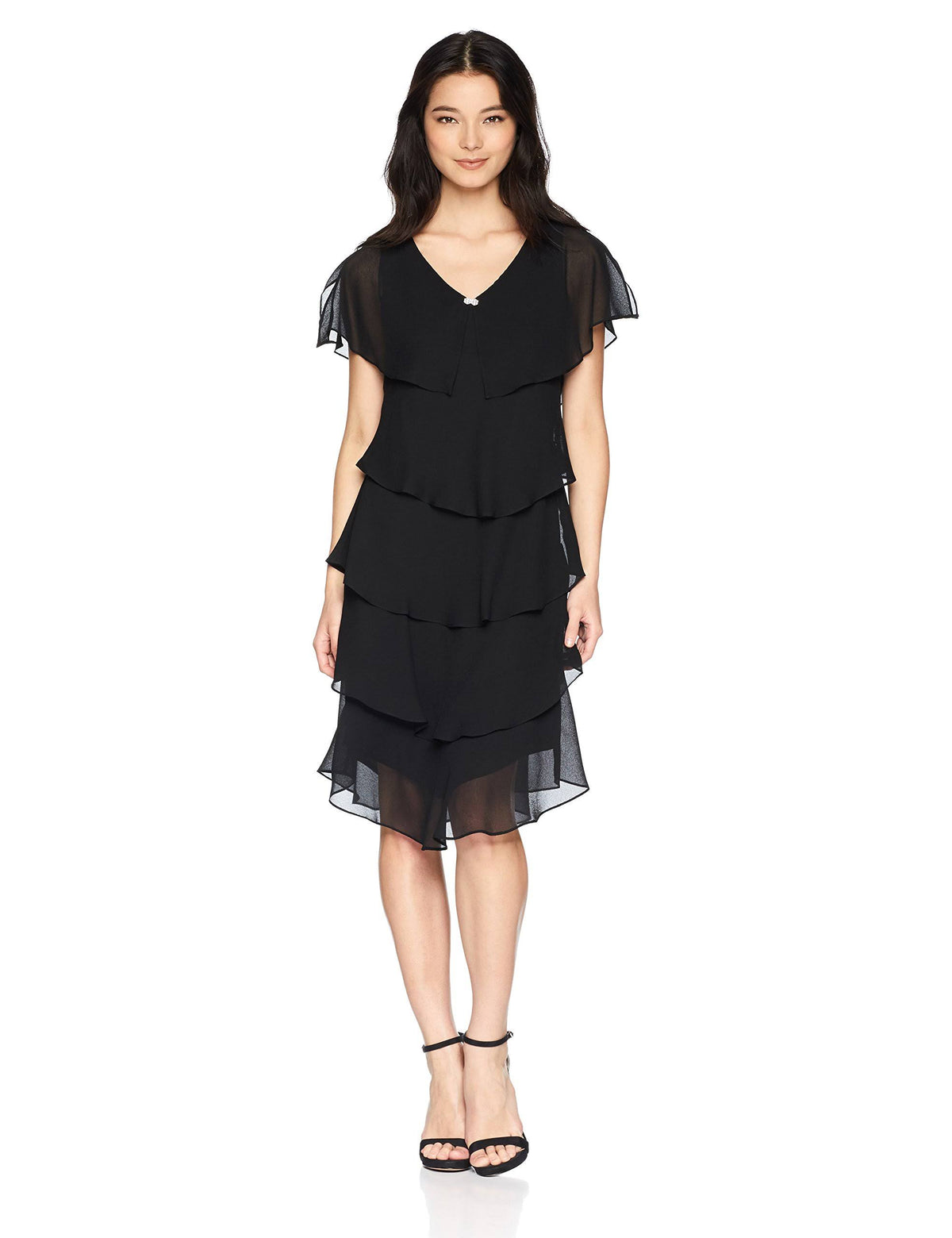Black 10 Tiered Rhinestone Capelet Dress E609612