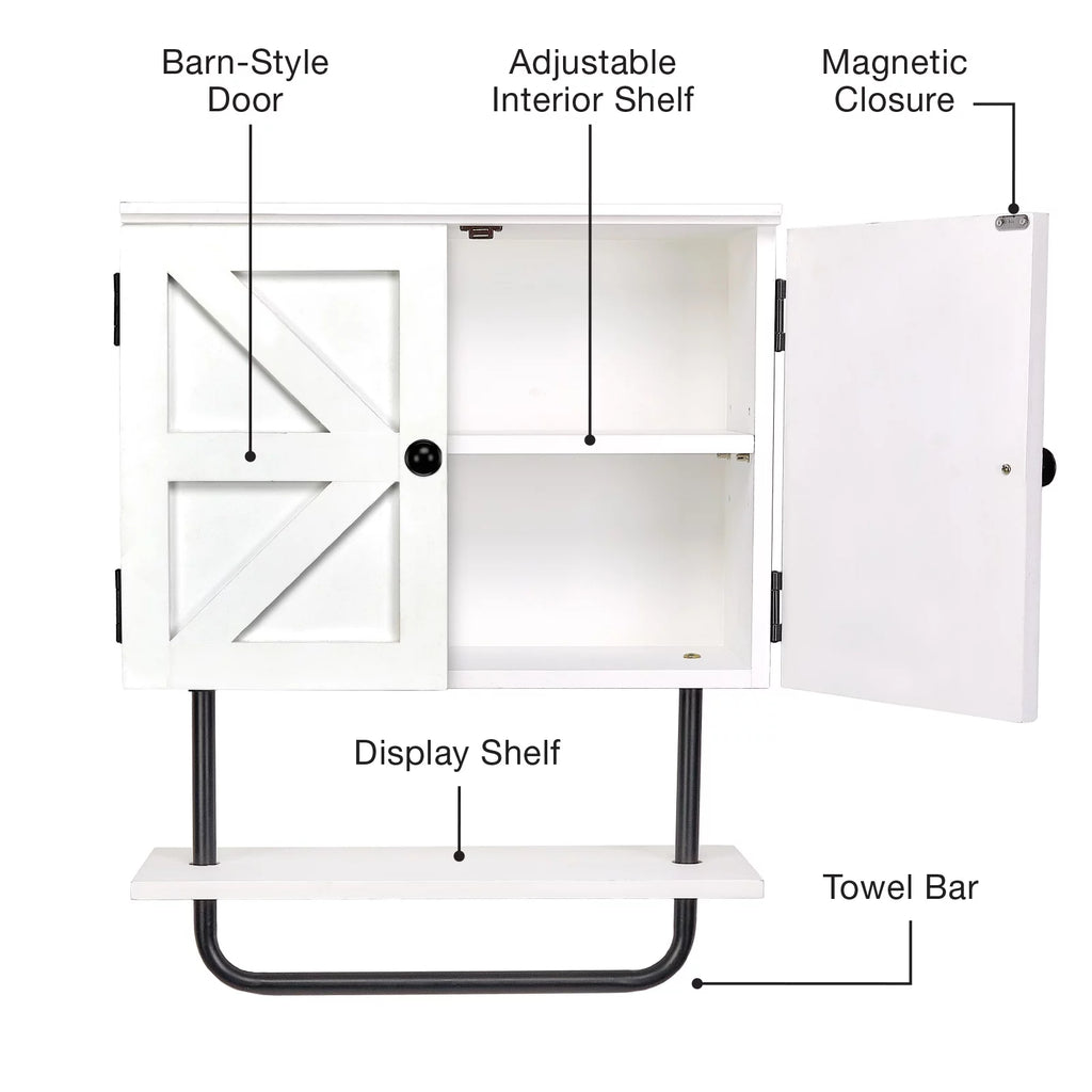 White Bathroom Wall Cabinet with Adjustable Shelf and Towel Bar F76403