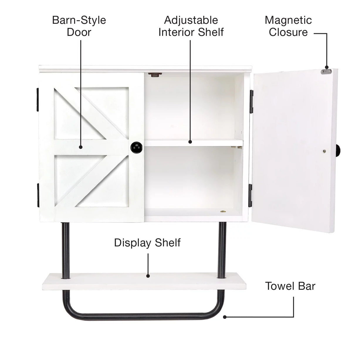 White Bathroom Wall Cabinet with Adjustable Shelf and Towel Bar F76403