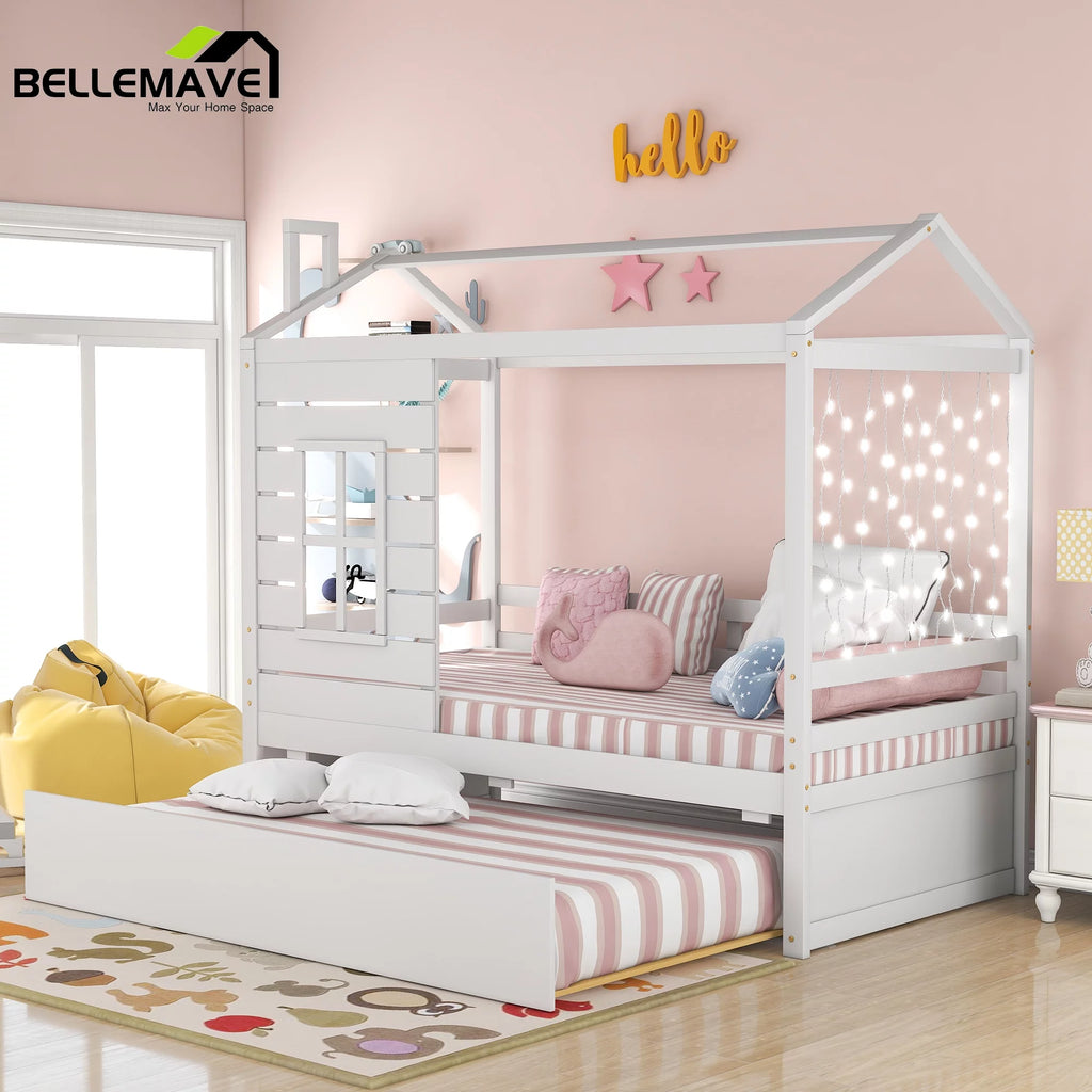 White Wood Twin Size House-Shaped Platform Bed with Trundle Q12251