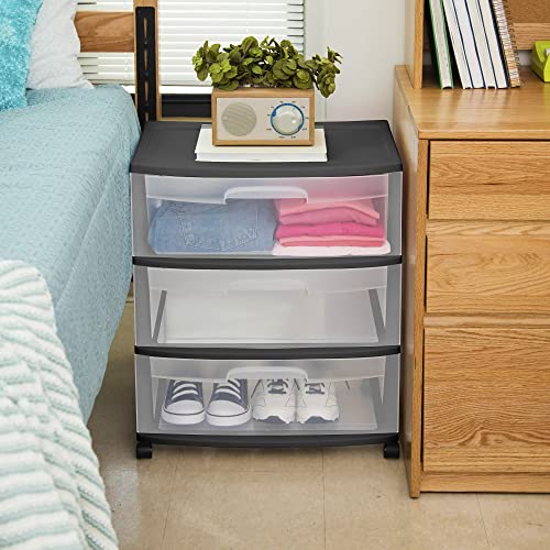 Plastic Storage Drawer Cart with 3 Large Clear Drawers and Wheels, Black U32432