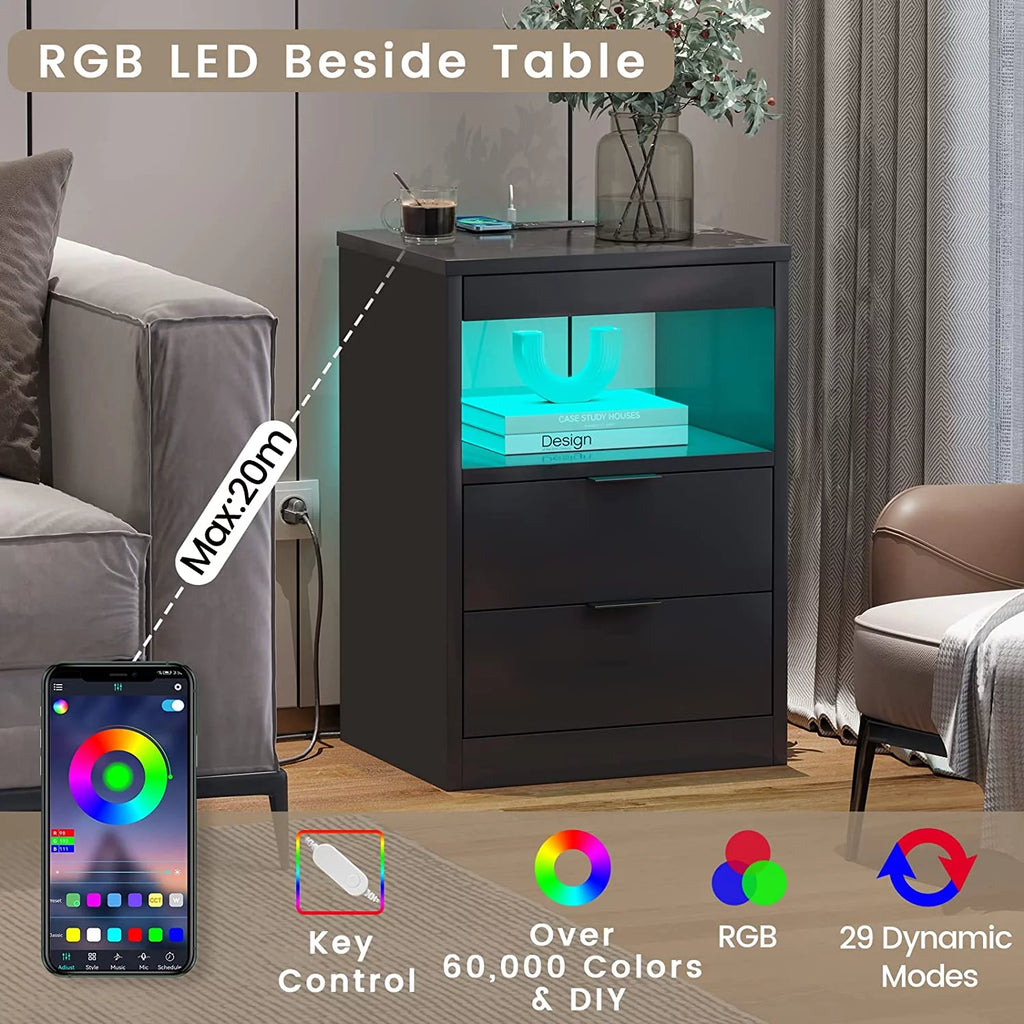 Black Nightstand Set of 2 with Wireless Charging Station and 2 Drawers Y874896