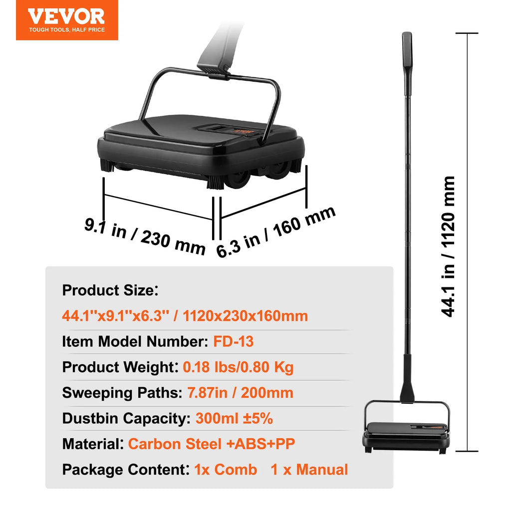 Carpet Sweeper Manual 7.87 in Non Electric Horsehair Black U4905
