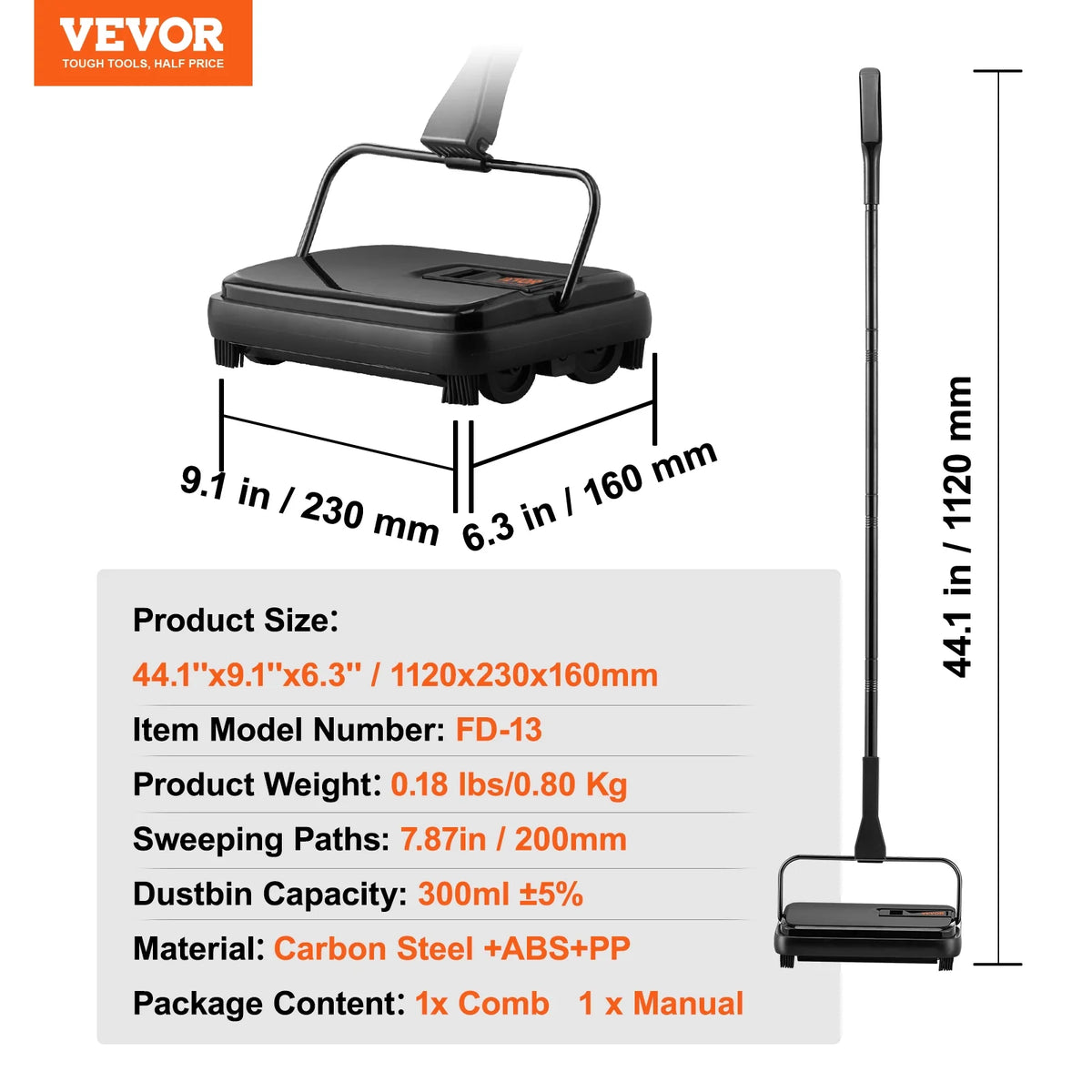 Carpet Sweeper Manual 7.87 in Non Electric Horsehair Black U4905