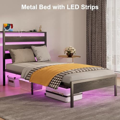 Black Twin Bed Frame with Storage Headboard and Charging Station J34556