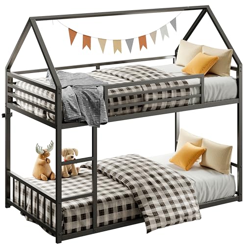 Twin Over Twin Bunk Bed with Ladder and Guardrail Black U403447