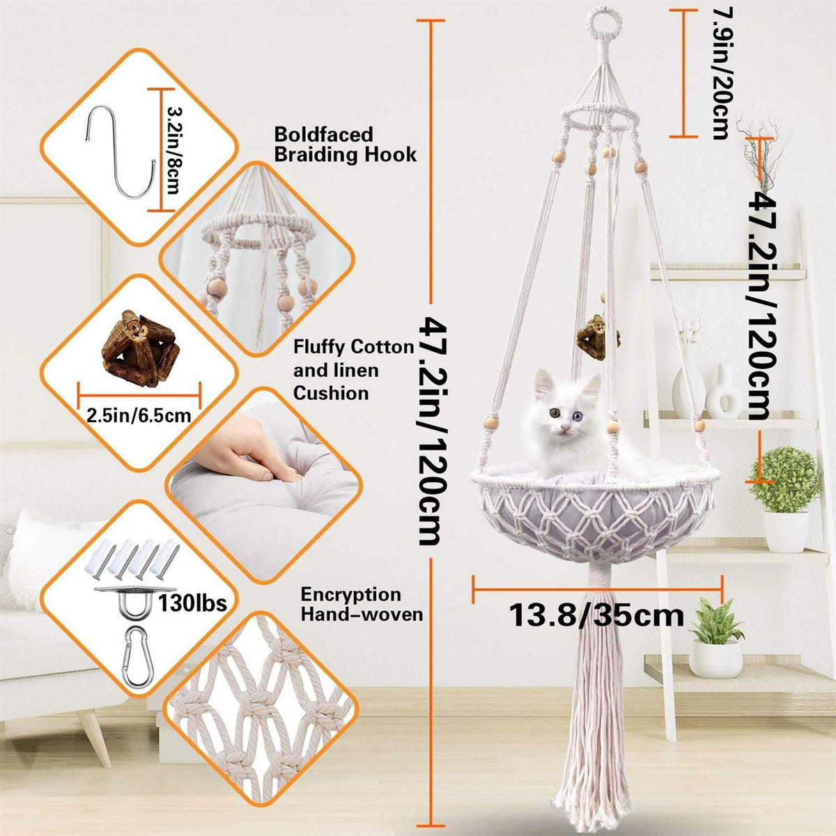 Handwoven Macrame Cat Swing with Hanging Kit A157
