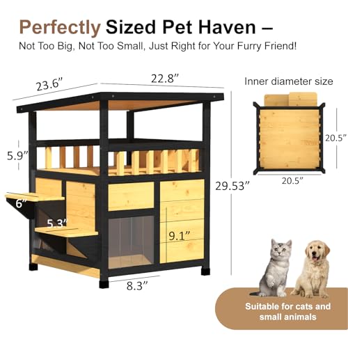 Outdoor Cat House Weatherproof Two Story Feral Cat Shelter with Escape Door Wood Dog Condo for Small Medium Pets Pull-Out Bottom Scratching Mat Included Black and Earthy Yellow Z984