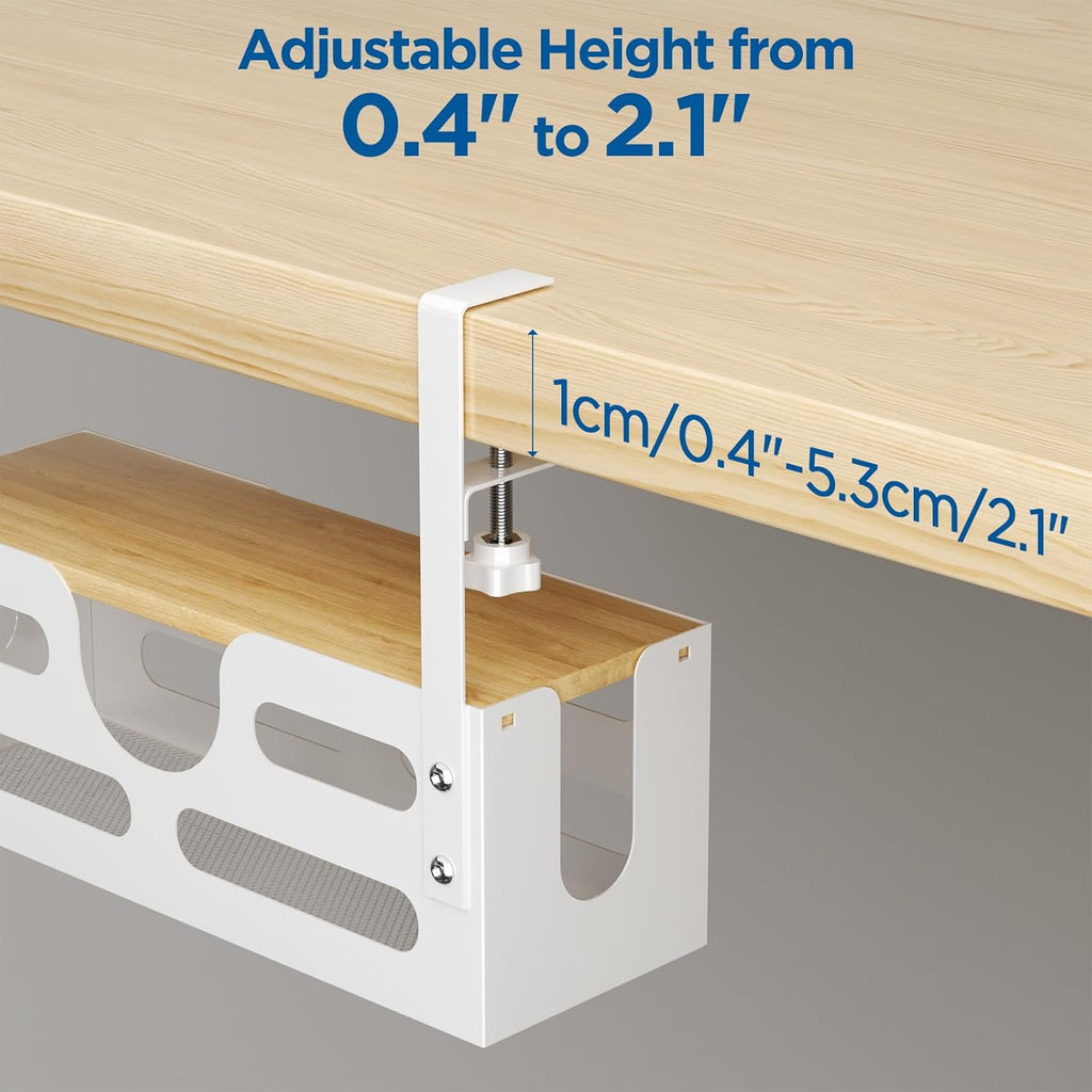 White Desk Cable Management Box with Lid and Adjustable Clamps D723