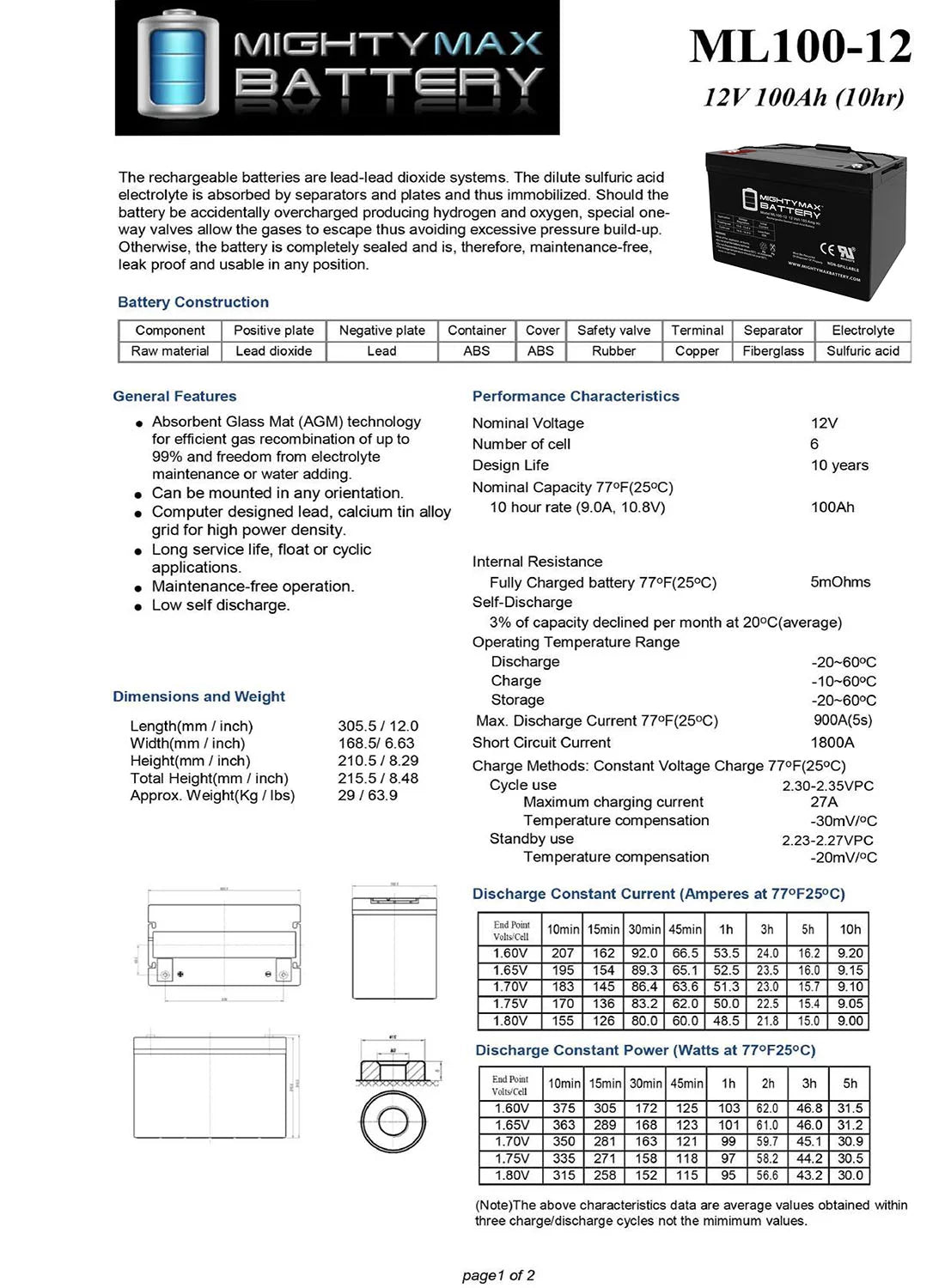 12V 100Ah SLA AGM Battery K5332