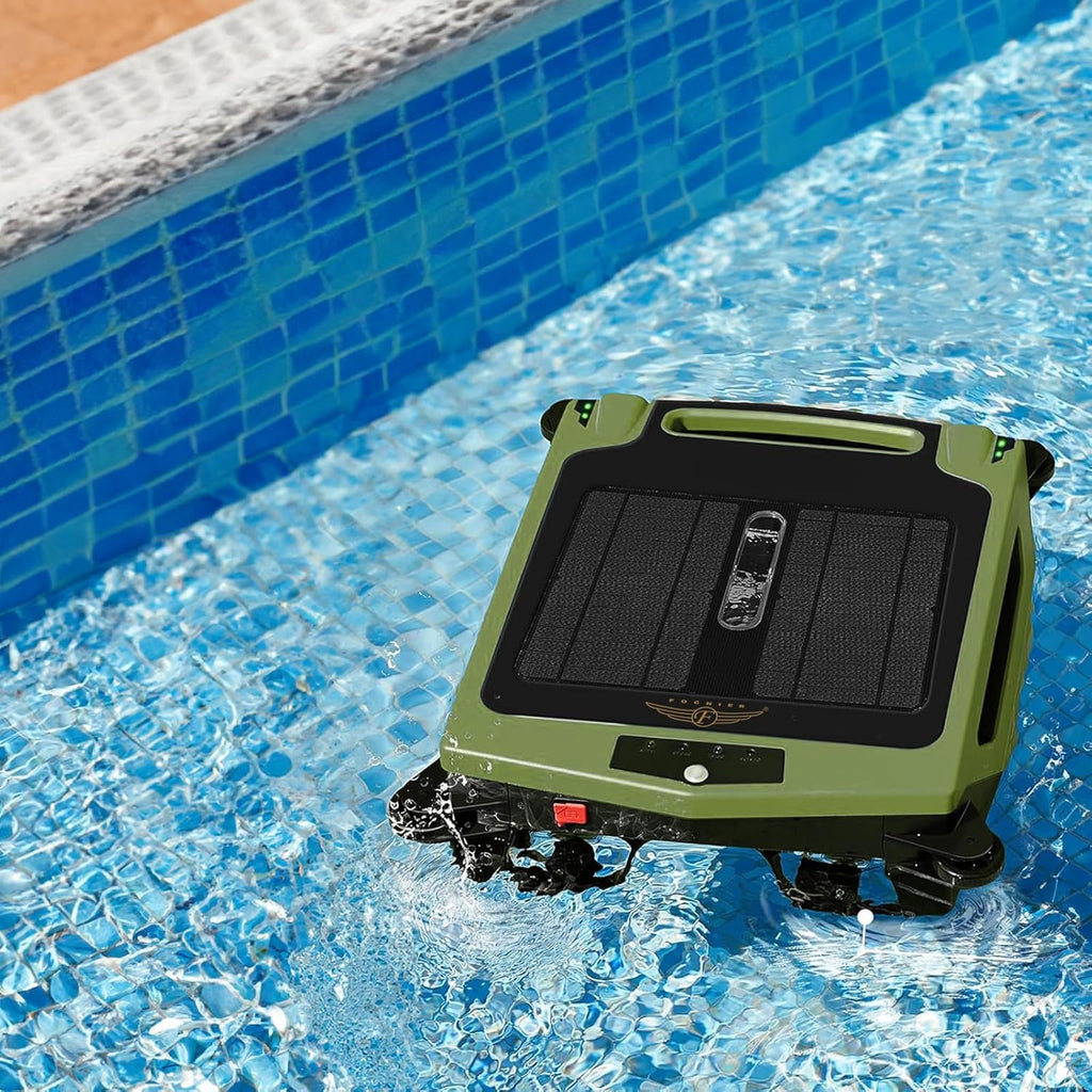 Cordless Robotic Pool Cleaner, Solar Powered Pool Skimmer with Dual Charging Options, Pool Robot Vacuum with Automatic Obstacle Avoidance, Green P66001