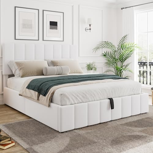 Beige Full Size Upholstered Platform Bed with Hydraulic Storage D54807