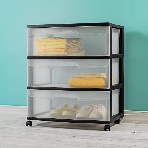 Plastic Storage Drawer Cart with 3 Large Clear Drawers and Wheels, Black U32432