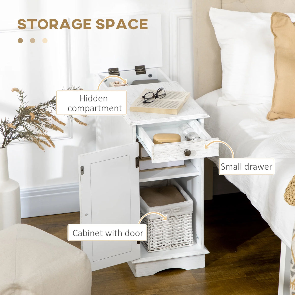 White Side Table with Drawer and Cabinet W8766