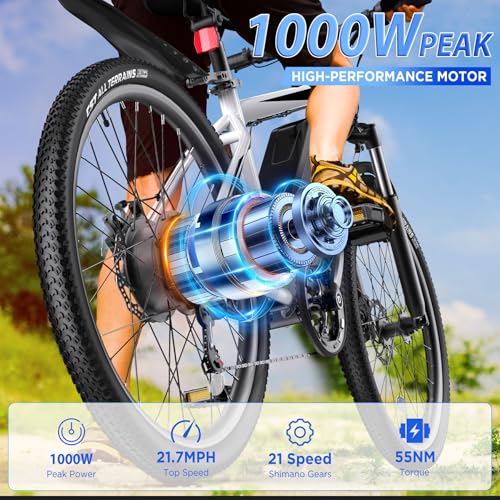 26'' 1000W Peak Electric Mountain Bike with 48V 374.4WH Removable Battery, 21-Speed F1369