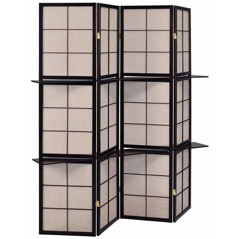4 Panel 4 Shelf Room Divider in Tan and Cappuccino N7124