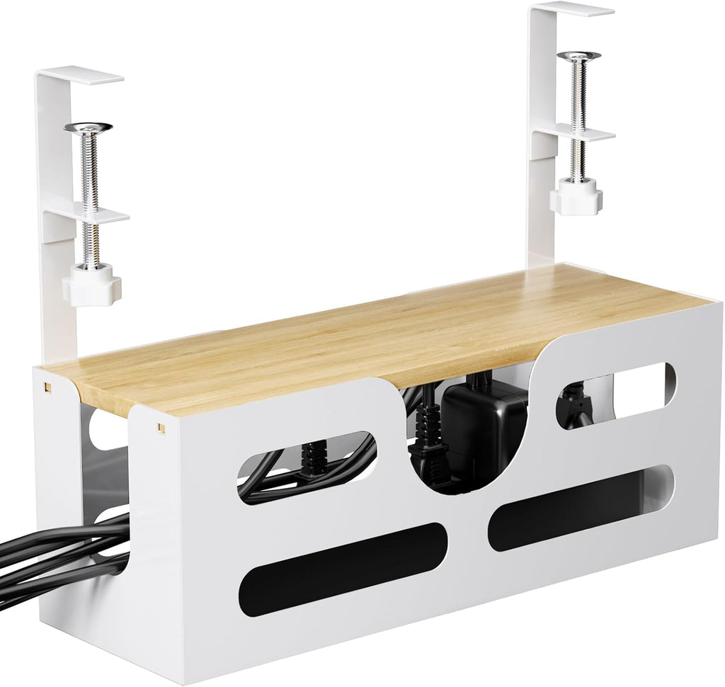White Desk Cable Management Box with Lid and Adjustable Clamps D723