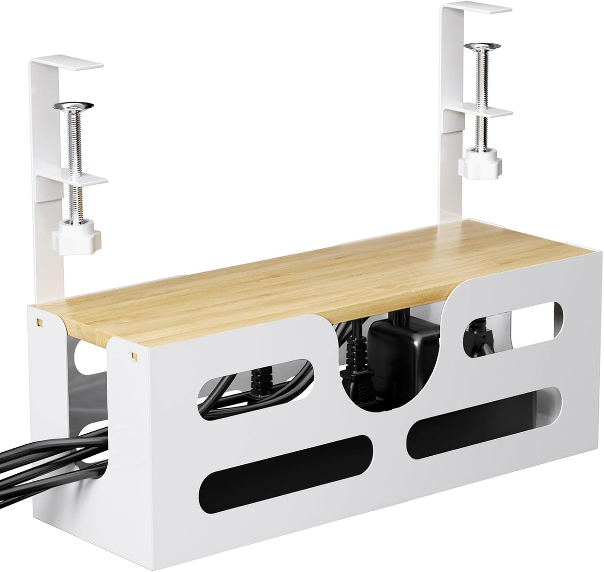 White Desk Cable Management Box with Lid and Adjustable Clamps D723