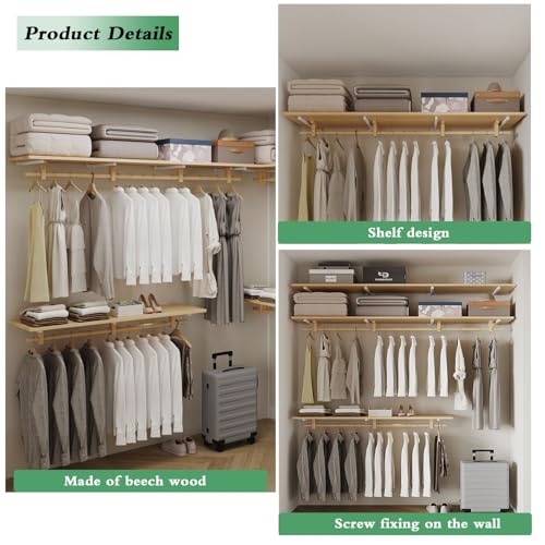 Solid Wooden Clothes Rack with Top Shelf, Wall Mounted Garment Rack M24754