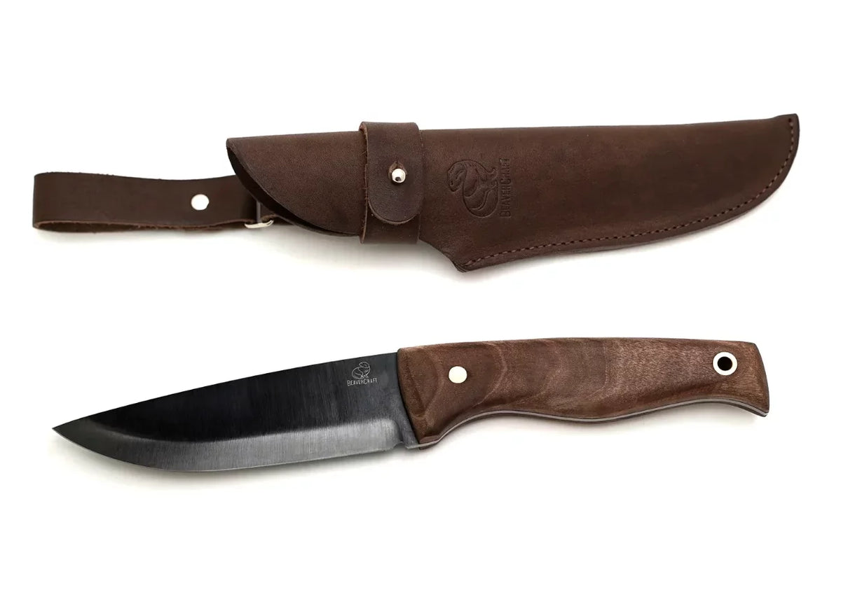 Carbon Steel Fixed-Blade Bushcraft Knife with Walnut Handle and Leather Sheath W3754