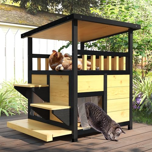 Outdoor Cat House Weatherproof Two Story Feral Cat Shelter with Escape Door Wood Dog Condo for Small Medium Pets Pull-Out Bottom Scratching Mat Included Black and Earthy Yellow Z984