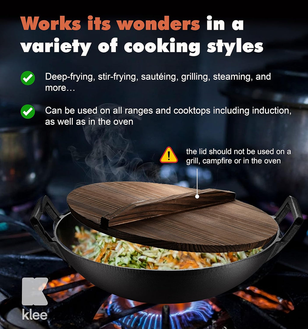 Pre-Seasoned Cast Iron Wok Pan with Lid and Handles, 14 Inch Flat Base Non-Stick, Pack of 2 Z195
