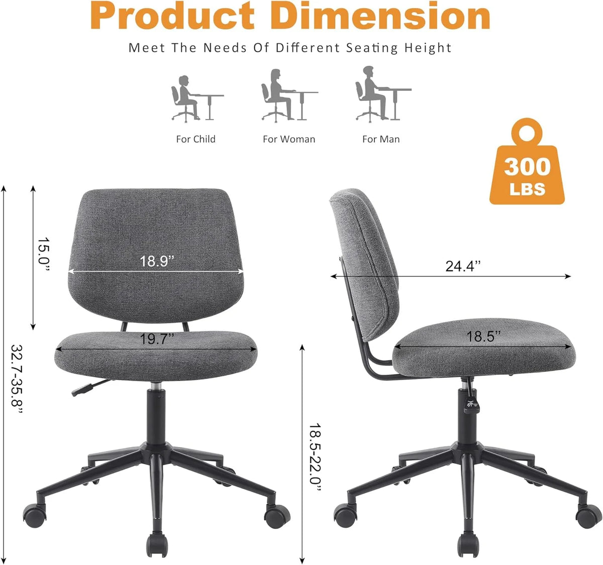 Armless Height-Adjustable Rolling Swivel Office Chair with Wheels R760