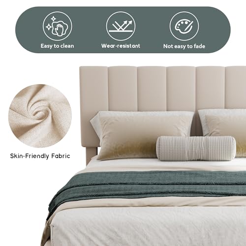 Beige Full Size Upholstered Platform Bed with Hydraulic Storage D54807