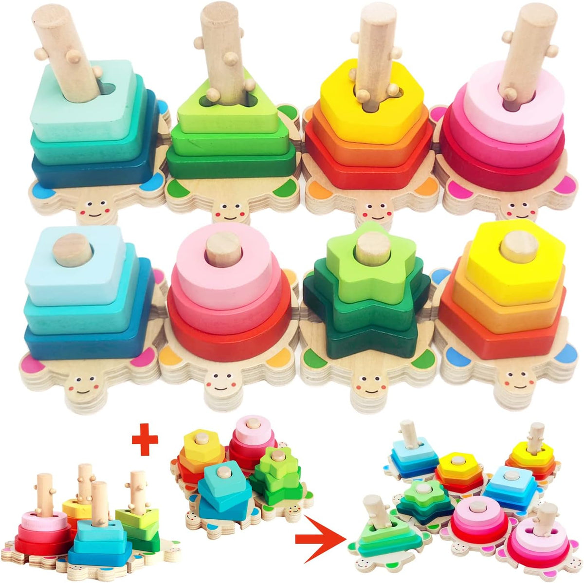Wooden Shape Sorter and Stacking Toys, 8PCS Toddler Montessori Geometric Block Puzzle P853222