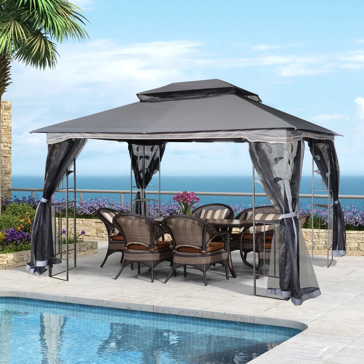 Gray Patio Gazebo Canopy Tent with Mosquito Net K378