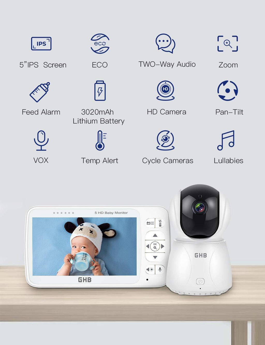 Baby Monitor with Camera and Audio 5 HD 720P Night Vision Temperature Sensor E6965