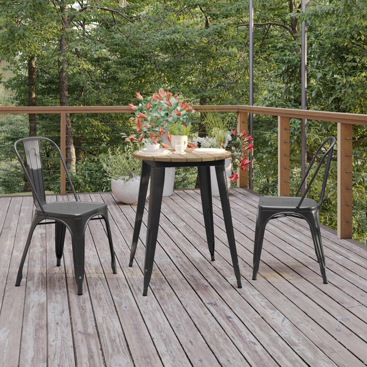 Commercial Grade Indoor/Outdoor Dining Table, Brown Poly Resin Top with Black Steel Base V175892