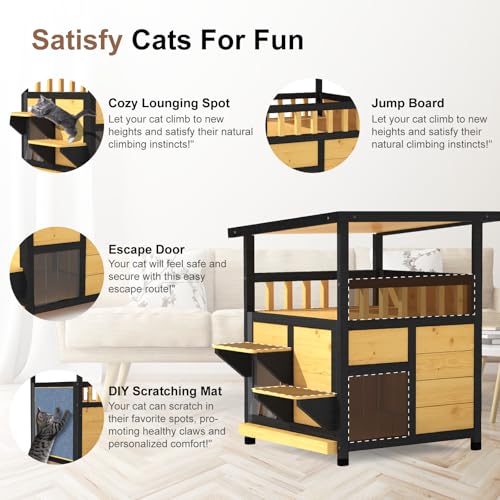 Outdoor Cat House Weatherproof Two Story Feral Cat Shelter with Escape Door Wood Dog Condo for Small Medium Pets Pull-Out Bottom Scratching Mat Included Black and Earthy Yellow Z984