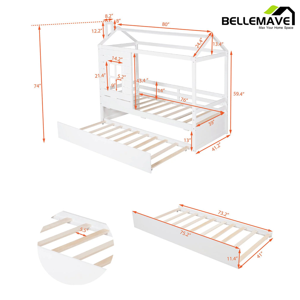 White Wood Twin Size House-Shaped Platform Bed with Trundle Q12251