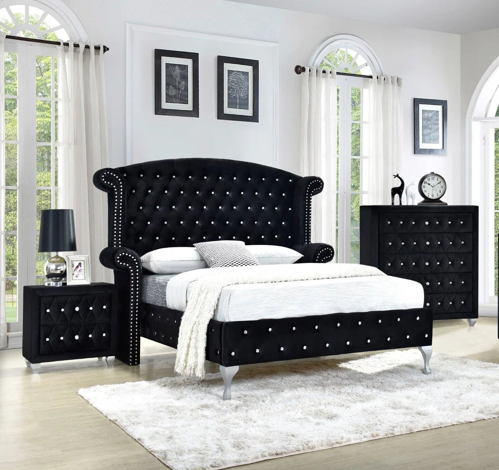 King Size 3Pc Bed Chest Nightstand Set Black Velvet Upholstery D625520