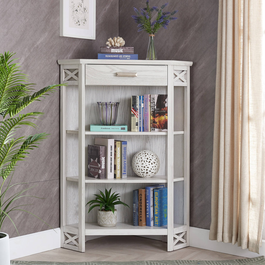 Weathered White 3-Shelf Corner Bookcase with Drawer Storage T239756