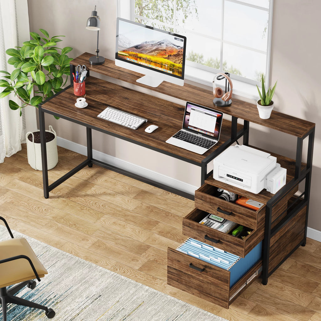 63 Inch Computer Desk with Monitor Stand and Drawers File Cabinet P840790
