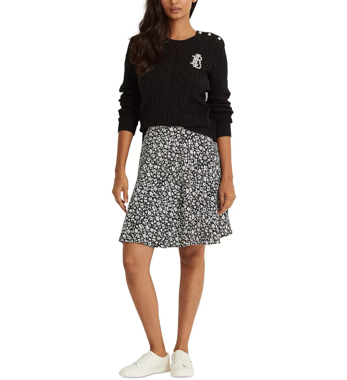 Black Ruffled Floral Flutter Sleeve Fit + Flare Dress N96121