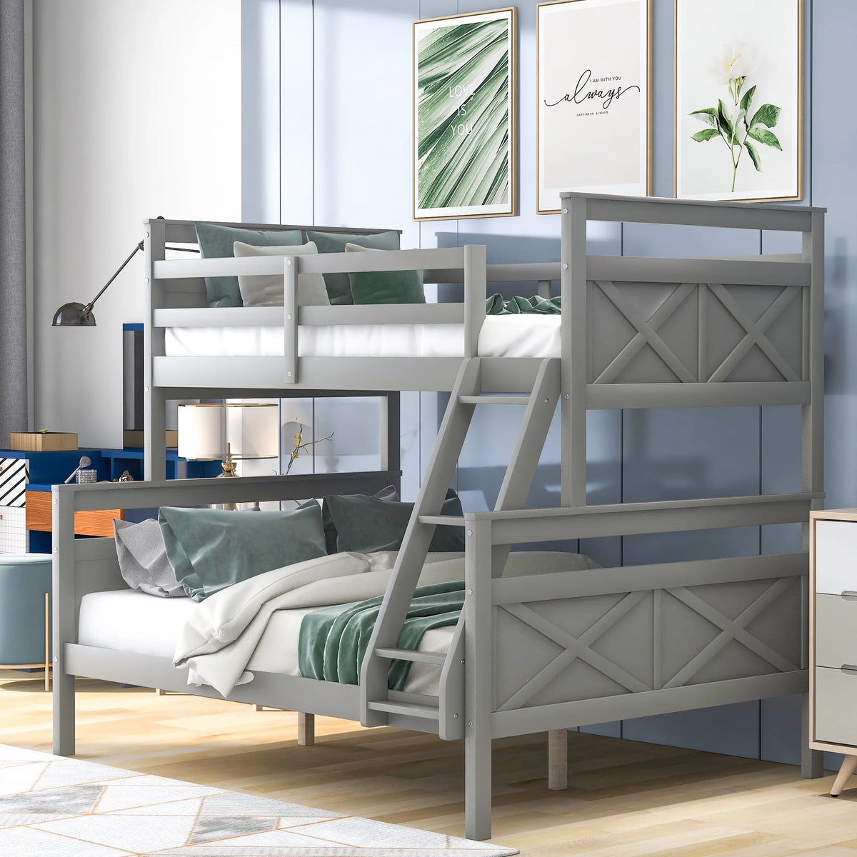 White Wood Twin over Full Bunk Bed with Trundle O546
